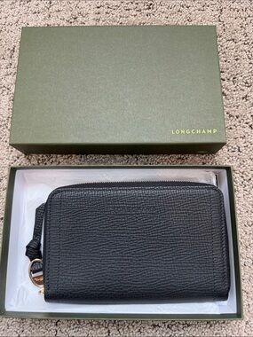 Longchamp Black Pebbled Leather Zip Card Wallet